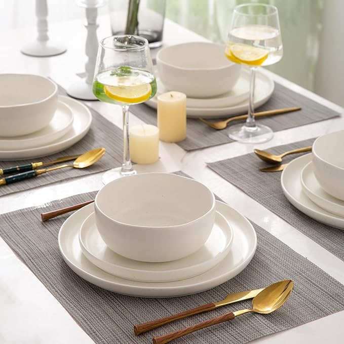 AmorArc Ceramic Dinnerware Sets Wavy Rim Stoneware Plates and Bowls SetsDishwasher &amp Microwave &amp Oven Safe Dishes set Service for 4 (12pc)-Matte Speckled White