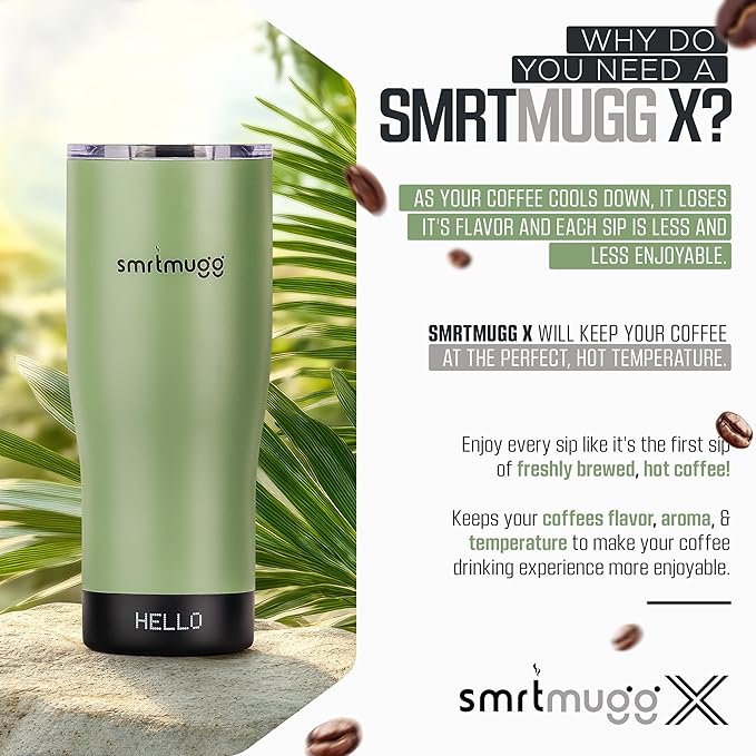 X Heated Coffee Mug 19 oz. 8 Hour Battery Life Self-Heating Adjustable Temp Controlled LCD Screen Includes Cover with Magnetic Slider (Black) (Sage Green)