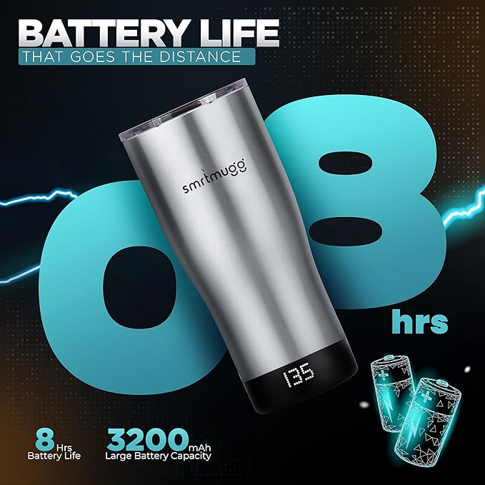 X Heated Coffee Mug 19 oz. 8 Hour Battery Life Self-Heating Adjustable Temp Controlled LCD Screen Includes Cover with Magnetic Slider (Black) (Stainless Steel)