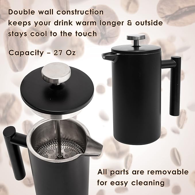 Mixpresso Black Stainless Steel French Press Coffee Maker 26 Oz 770 ml Double Wall Insulated French Press Stainless Steel Easy Clean Tea Brewer Easy Press Durable Metal Coffee Press