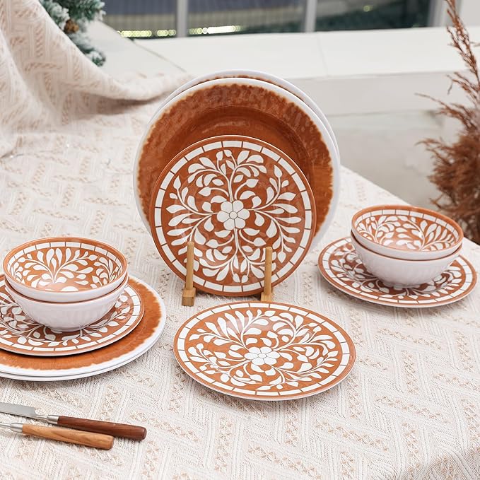Melamine Plates and Bowls Set 12-Piece Melamine Dinnerware Set Dinner Serving Dishes Set for 4 Unbreakable Brown-Yellow