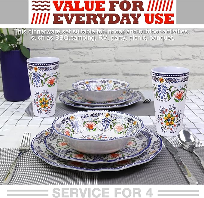 Melamine Dinnerware Set for 4-16 Pcs:Camping Dishes Set with Dinner PlatesSalad PlatesCups and Bowls.Lightweight and UnbreakableIndoor and Outdoor Use flower28
