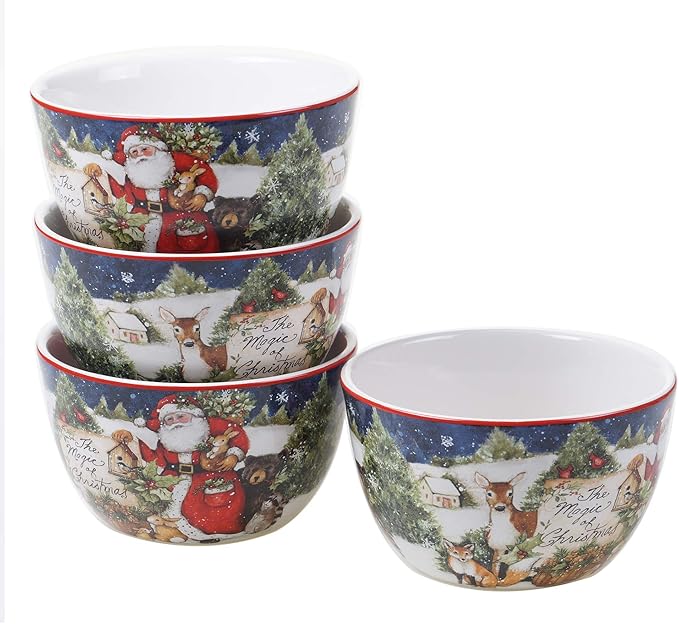 Magic of Christmas 16pc Ceramic Dinnerware Set – Santa and Woodland Animals Holiday Plates Bowls &amp Mugs Dishwasher &amp Microwave Safe Festive Christmas Tableware