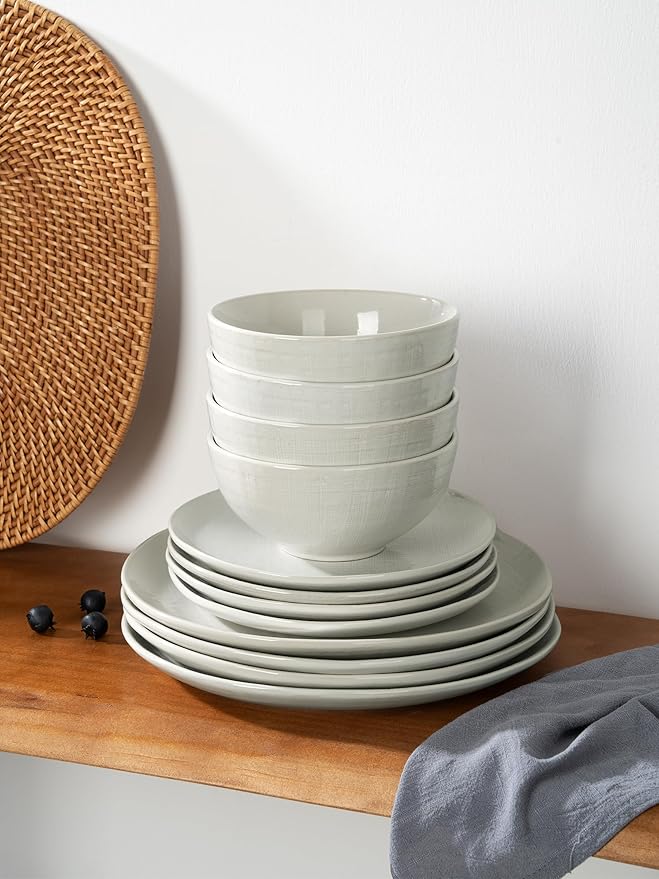 Famiware Moonlight Plates and Bowls Sets 12 Pieces Stoneware Dinnerware Sets with Linen Finish Handmade Dishware Set for 4 Microwave and Dishwasher Safe Chip and Scratch Resistant White