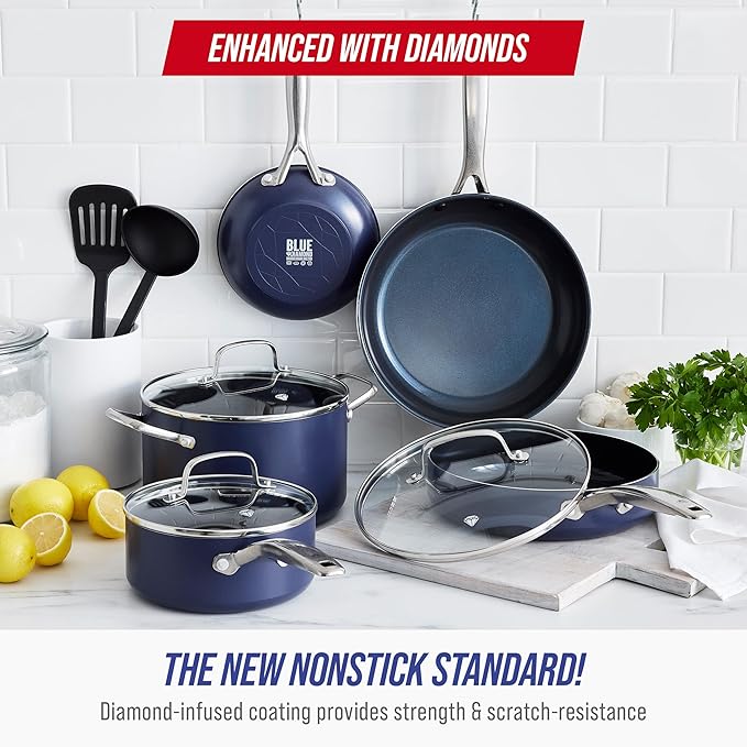 Blue Diamond 10 Piece Nonstick Cookware Set Diamond Ceramic Pots &amp Pans Dishwasher &amp Metal Utensil Safe Non Toxic PFAS-Free Kitchen Cooking Sauce &amp Saute Pans Oven &amp Broiler to 60