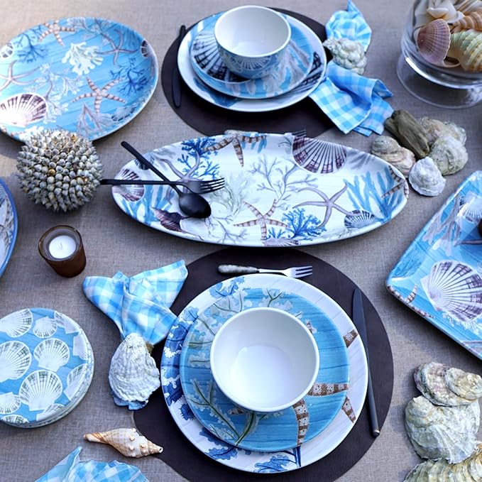 Beyond The Shore 16 Piece Dinnerware Set Service for 4 – Earthenware Ocean-Inspired Plates Bowls &amp Mugs – Durable Microware and Dishwasher Safe – Coastal Décor Beach House Dining