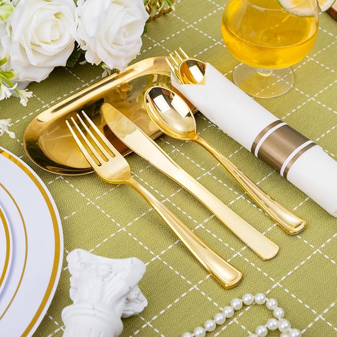 Nervure 400PCS Pre Rolled Gold Plastic Silverware Sets - Heavy Duty Gold Cutlery - Include 100 Pack Wrapped Disposable Utensils with Napkins for Parties Dinners &amp Weddings