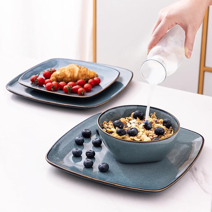 AmorArc Ceramic Dinnerware Sets for 4 12 Pieces Square Handpainted Plates and Bowls Set Chip and Scratch Resistant Stoneware Dishes Set Dishwasher &amp Microwave Safe Ocean Blue