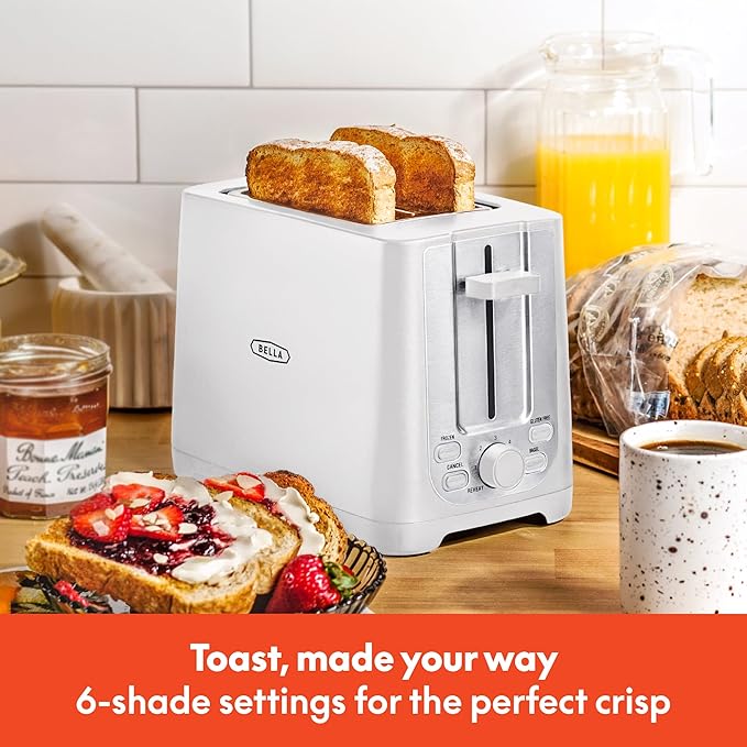 bella 2 Slice Toaster with Auto Shut Off - Extra Wide Slots &amp Removable Crumb Tray and Cancel Defrost &amp Reheat Function - Toast Bread Bagel &amp Waffle White