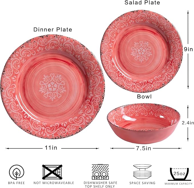 12-Piece Farmhouse Melamine Dinnerware Set Elegant Unbreakable plates and bowls sets BPA Free Dinner Dishes serving Set Service for 4 Perfect for Indoor/Outdoor Dining Peach pink Red