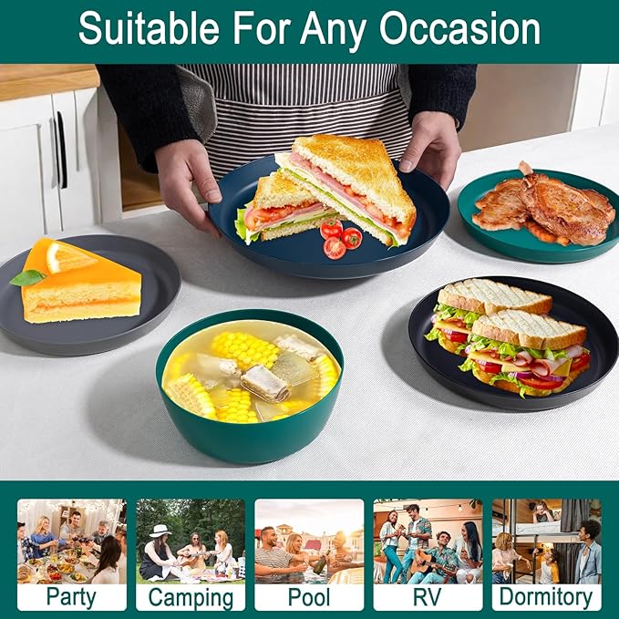 EI 12pcs Wheat Straw PlatesPlastic Plates ReusableUnbreakable Plastic PlateWheat Straw Dinnerware SetMelamine Plate-BlackDark GreyDark GreenDark BlueDinner CampingPicnic