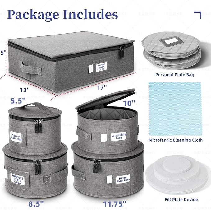 LUXULA China Storage Containers for 12 Place Setting with Two Plate Bags 5 Pcs Hard Shell Quilted China Storage Cases for Dinner Plates Salad Plates Dessert Plates Saucers Cups &amp Mug Storage