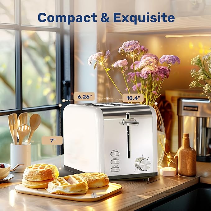 YSSOA 2-Slice Toaster with 6 Browning Setting and 3 Function Extra Wide Slot &amp Removable Crumb Tray Retro Stainless-Steel Style for Bread &amp Waffle White