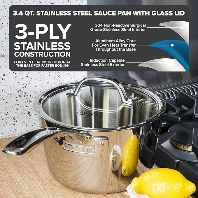 Viking Stainless Steel Kitchen Essentials Bundle – 3-Piece Cookware Set with 8 Cooking Utensils 4.8 Qt Sauté Pan &amp Lid 3.4 Qt Sauce Pan &amp Lid – Induction Ready Oven &amp Dishwasher Safe