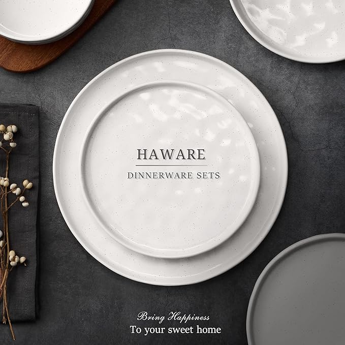 HaWare Dinnerware Sets 12-Piece Plates and Bowls Set Stoneware Dish Set for 4 Ceramic Dinnerware for Home Restaurant Chip and Scratch Resistant Microwave and Dishwasher Safe Speckled White
