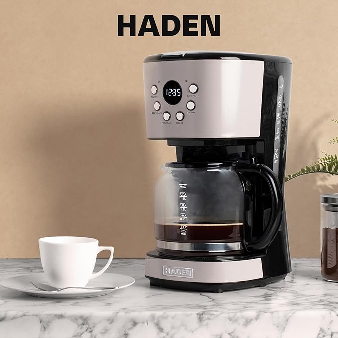 Haden 12 Cup Programmable Drip Coffee Maker Coffee Machine Bundled with Dorset 4 Slice Wide Slot Stainless Steel Toaster Putty &amp Chrome