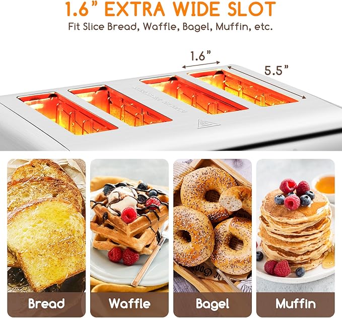 Aigostar Toaster 4 Slice 1.6 Wide Slot Stainless Steel Toasters with Bagel Reheat Cancel Defrost Function 6 Shade Settings Removable Crumb Tray 1550W Best Rated Prime 4 Slice Toasters