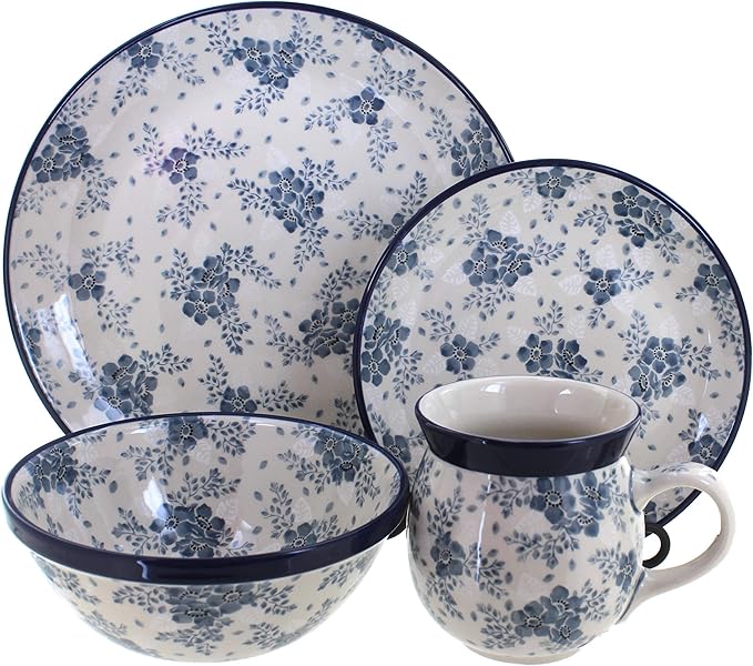 Blue Rose Polish Pottery - Blue Fleur 4 PC Place Setting - Service for 1-1 Place Setting - Great for Everyday Dining Casual Dining or as Formal Dinnerware