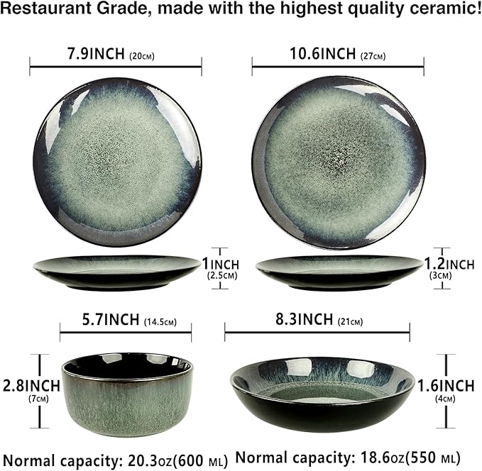 Dinnerware Sets(16Pcs) Serves for 4 Reactive Glaze Tableware Set with 7.9/8.3/10.6Plates and 5.5bowl Modern kitchen tableware Scratch resistant Microwave Dishwasher safe Set No.1