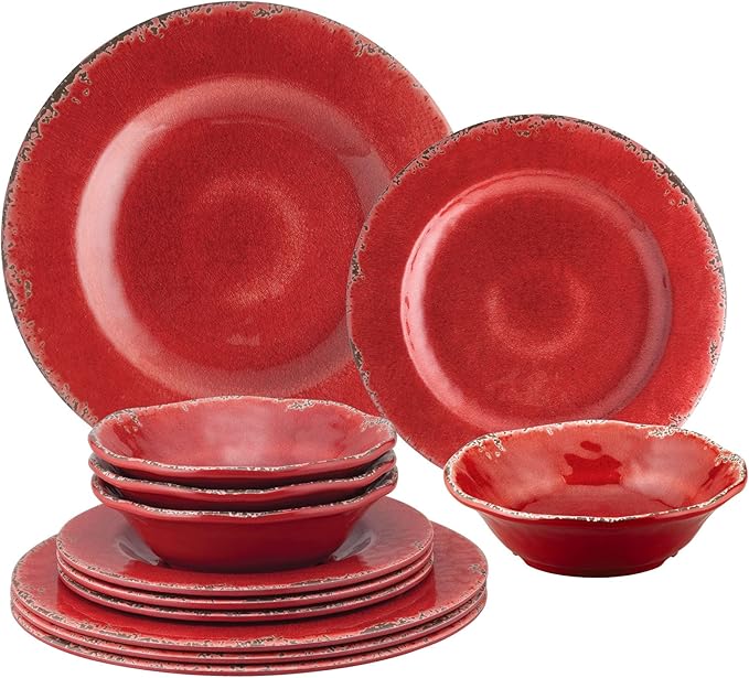 Supreme Housewares 12-Piece Melamine Dinnerware Set Includes Dinner Plates Salad Plates Bowls Service for 4. (Crackle Red)