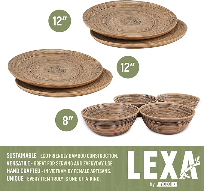 LEXA 8-Piece Handcrafted Bamboo Plate &amp Bowl Set Four 12” Serving Plates and Four 8” Bowls Spun Bamboo Dinnerware for Everyday Meals Entertaining &amp Home Décor (Black)