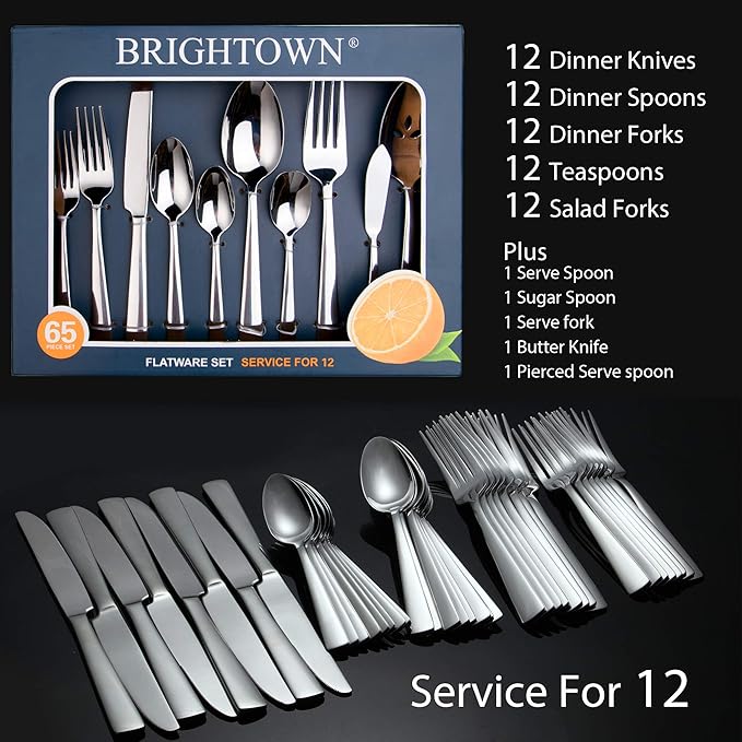 65 Piece Silverware Flatware Cutlery Set Stainless Steel Fork Spoon Knife Sets for 12 Dishwasher SafeErgonomic Design Size and Weight