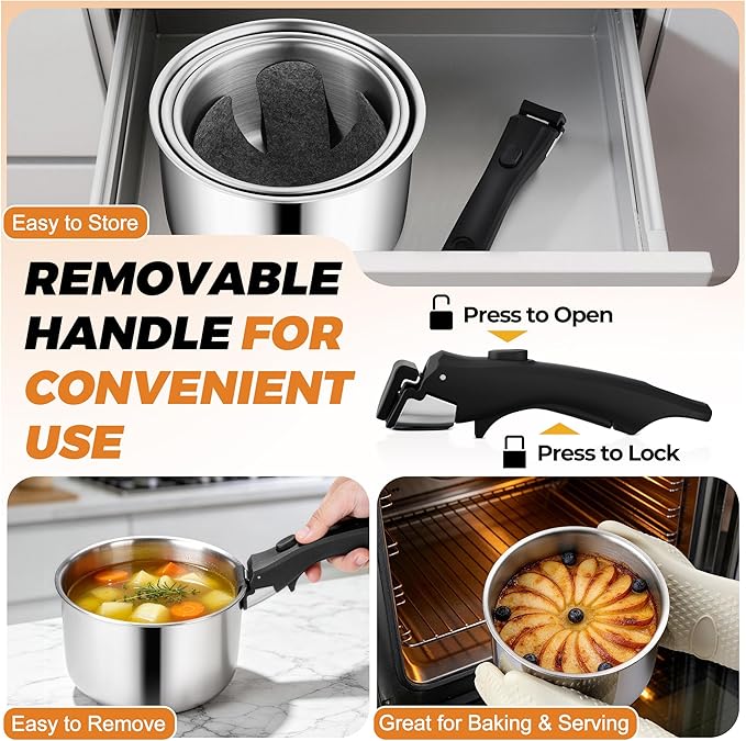 P&ampP CHEF Tri-Ply Stainless Steel Cookware Set of 3 with Removable Handle 9-Pieces Pots and Pans Set Induction 2Qt Saucepan 3Qt Small Pot &amp 4Qt Cooking Pot Oven &amp RV Safe to 500℉ Dishw