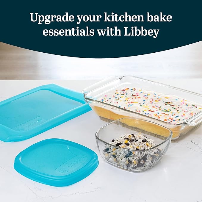 Libbey Baker’s Premium 4 Piece Glass Baking Dish Set Multipurpose Space Saving Casserole Dish with Lid Set Baking Glassware for Potlucks Leftovers
