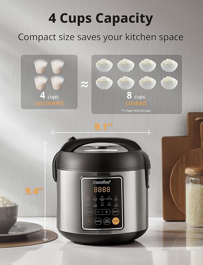 COMFEE' Rice Cooker 4 Cups Uncooked 8 Cups Cooked Slow Cooker 2 Qt Small Multicooker with 10 Presets Steamer &amp Grain Cooker Non-Stick Inner Pot
