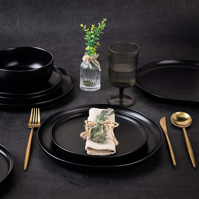AmorArc Ceramic Dinnerware Sets Wavy Rim Stoneware Plates and Bowls SetsDishwasher &amp Microwave &amp Oven Safe Dishes set Service for 4 (12pc)-Matte Black