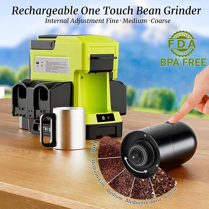 Cordless Coffee Maker for Ryobi 18V Battery 3 Brewing Options Drip Coffee Maker with Coffee Grinder Portable Single Serve Coffee Makers for Camping Travel and Jobsite. (Tool Only)