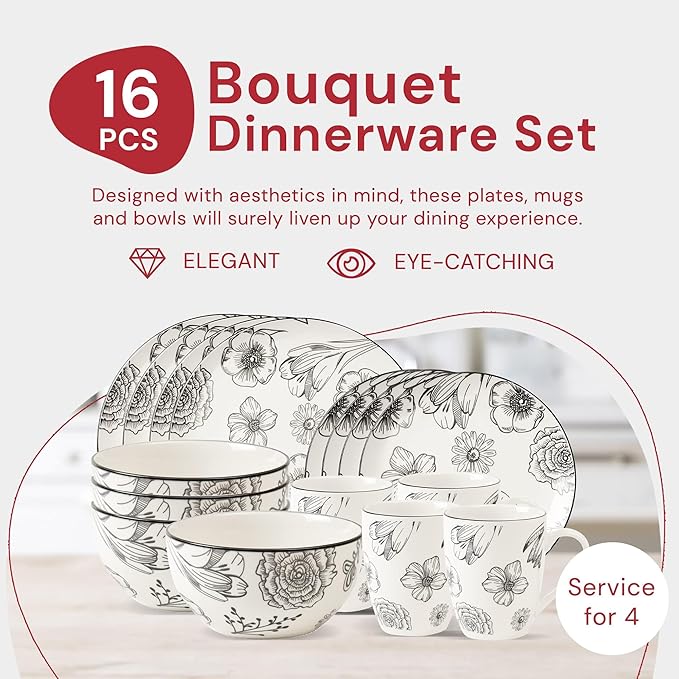 Pemberly Row 16-Piece Porcelain Dinnerware Set Floral White Design Includes Dinner Plates Salad Plates Bowls Mugs Lightweight Chip-Resistant Dishwasher &amp Microwave Safe Modern Table Settin