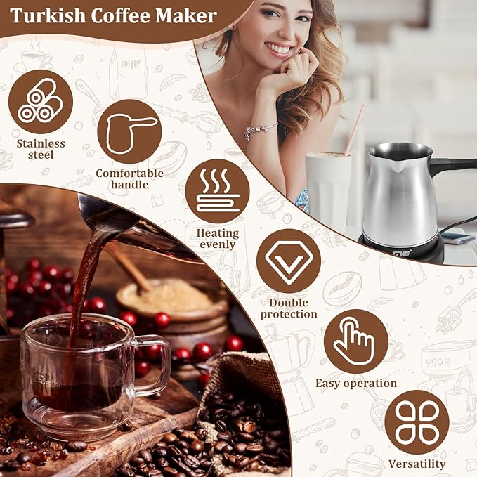 Turkish Coffee Pot 600ml Turkish Coffee Maker 5 to 6 Cups Capacity 110V Stainless Steel Electric Coffee Machine with Handle for Home Kitchen &amp Travel - Quick Brew