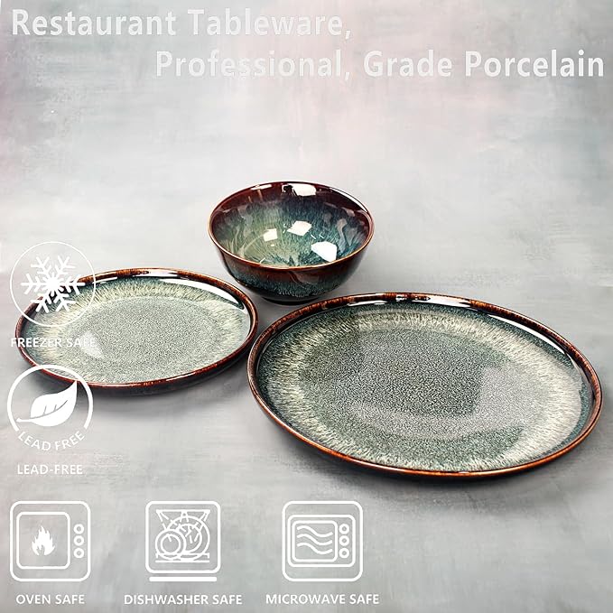 Dinner Set 12 Pieces - Round Reactive Glaze Tableware - Kitchen Dinnerware Porcelain Crockery with Dinner Plate Bowl and Soup Plate Service for 4 Microwave Dishwasher Safe Set (No.1)