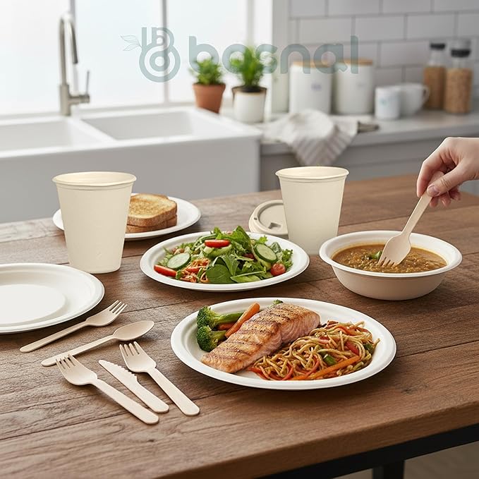BOSNAL 10 inch &amp 7 inch Round Plates 10 inch Oval Plates 16 oz Bowls &amp 8 oz Cups with Lids &amp Cutlery – 100% Plant-Based Bagasse Eco-Friendly Compostable Microwave Safe Durable Dinner