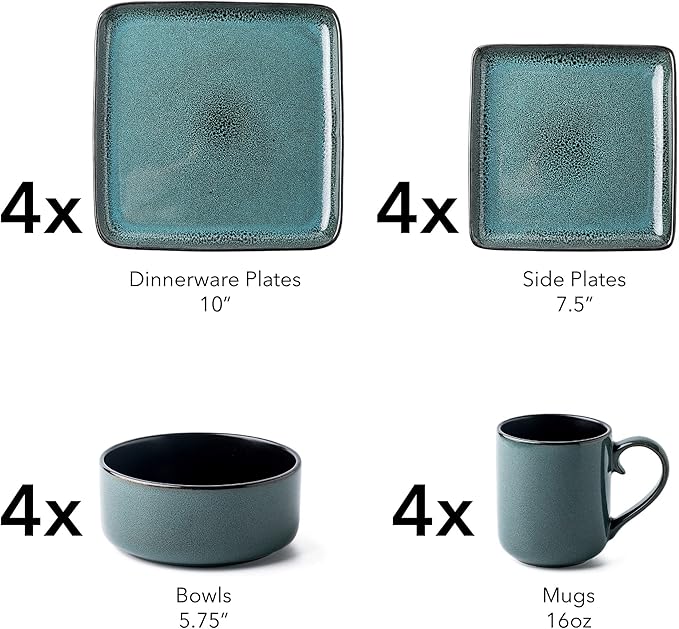 FLACKAR Square Stoneware Dinnerware Set for 4 Dinner Plates Side Plates Cereal Bowls Mugs - Reactive Glaze Turquoise (497248) 16 Count (Pack of 1)