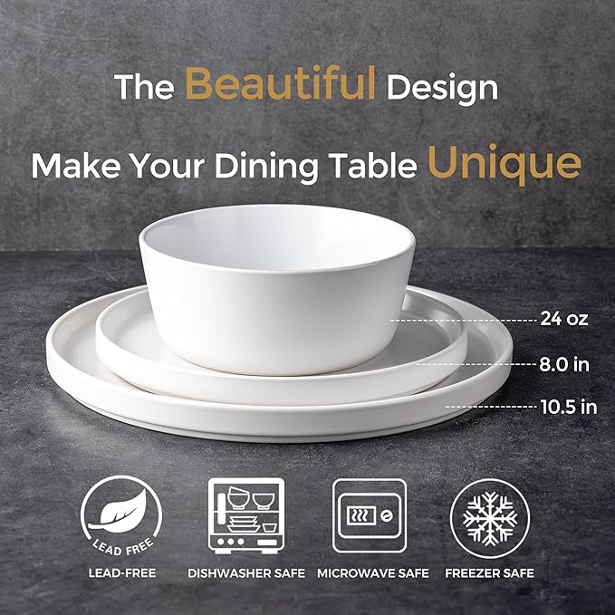 AmorArc Ceramic Dinnerware Sets for 6 Modern Flat Stoneware Plates and Bowls SetsChip and Crack Resistant | Dishwasher &amp Microwave Safe Dishes SetScratch Resistant- Service for 6 (18pc)-Matte W