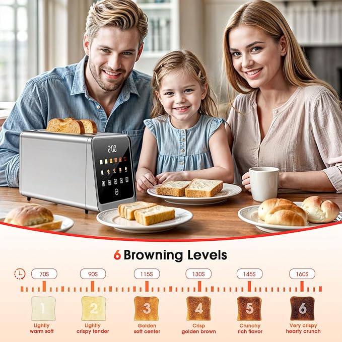 Toaster 2 Slice with Smart Digital Touchscreen &amp 1-Touch Memory | Stainless Steel 1.5 Extra-Wide Slots for Bagels &amp Artisan Bread | 900W for Fast Even Toasting | Defrost Reheat Single-Slic