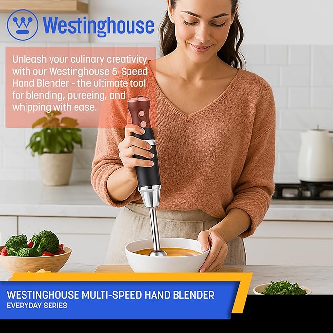 Westinghouse Hand Blender - 5-Speed Blender with Turbo Function Stainless Steel Rod &amp Blade Easy Clean Design for Smoothies Soups &amp Sauces - Everyday Series Appliance Black