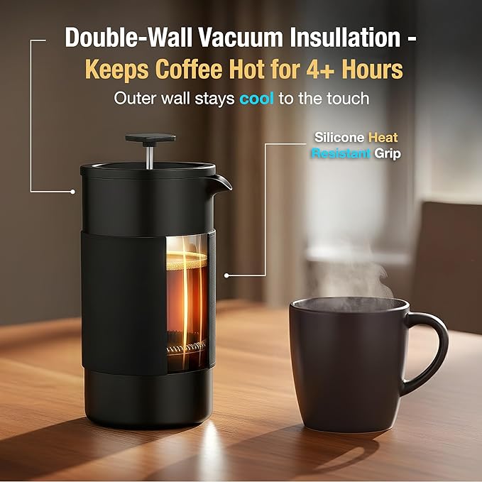 Travel French Press Coffee Maker Set - 12 oz | Portable Travel French Press Coffee Maker | Double Wall Insulated with Dual Stainless Filters &amp 2 Steel Canisters for Grounds Tea Creamer &amp Sug