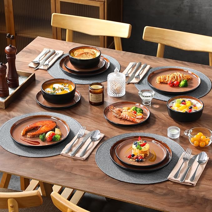 vancasso Plates and Bowls Sets 24 Pieces Stoneware Dinnerware Sets for 8 Kitchen Dish Set Mircowave and Dishwasher Safe Ceramic Dishware Dark Brown Series AMBER