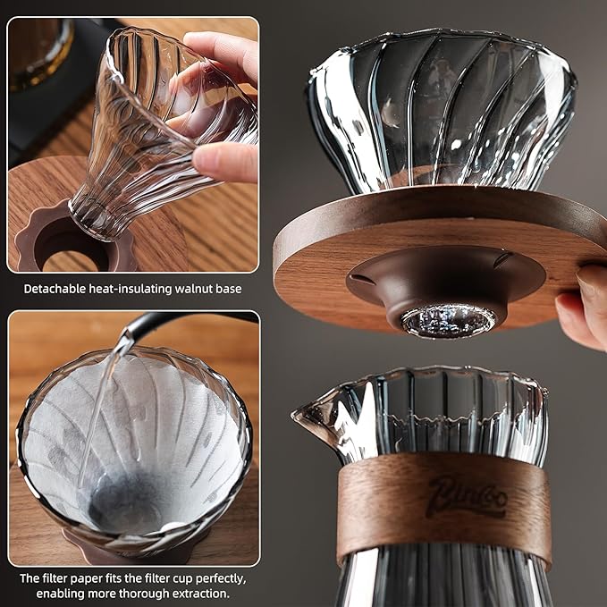 Bincoo Pour Over Coffee Maker Set - 500ML Glass Coffee Server Coffee Carafe with Walnut Dripper and 50PCS Paper Filter Drip Coffee Maker Set for Home Café Restaurant