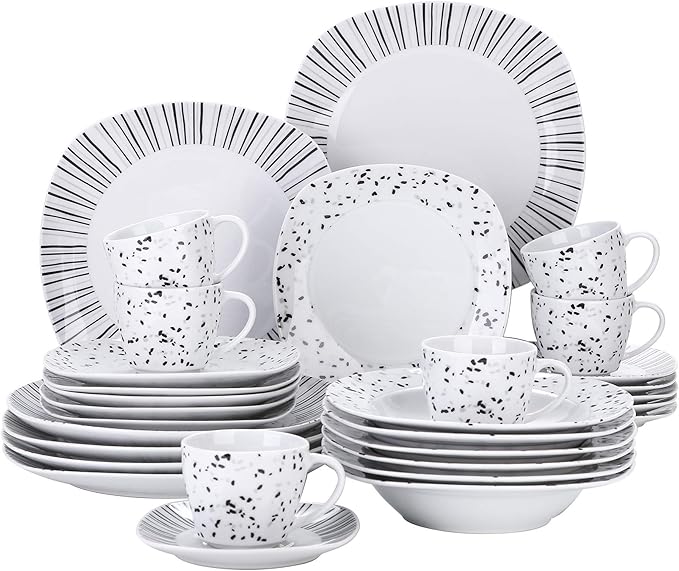 VEWEET Series BESLEY 30-Piece Ivory White Black Lines Porcelain China Ceramic Dinner Combi-Set with Dessert Plates/Soup Plates/Dinner Plates/Cups/Saucers Service for 6