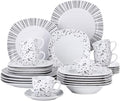 VEWEET Series BESLEY 30-Piece Ivory White Black Lines Porcelain China Ceramic Dinner Combi-Set with Dessert Plates/Soup Plates/Dinner Plates/Cups/Saucers Service for 6