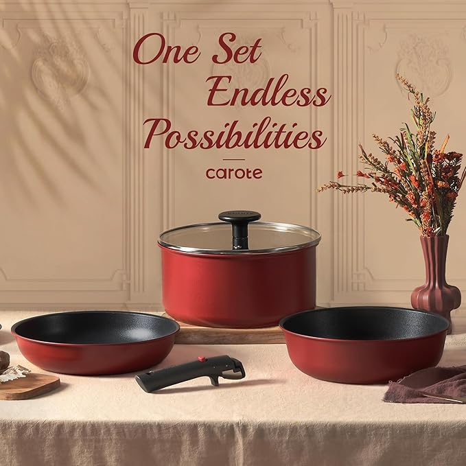 CAROTE Pots and Pans Set Non Stick Cookware Sets Oven/Fridge Safe Space Saving Pots Set 11pcs Kitchen Set Nonstick Set with Versatile Removable/Detachable Handle Induction RV Set Red and Black