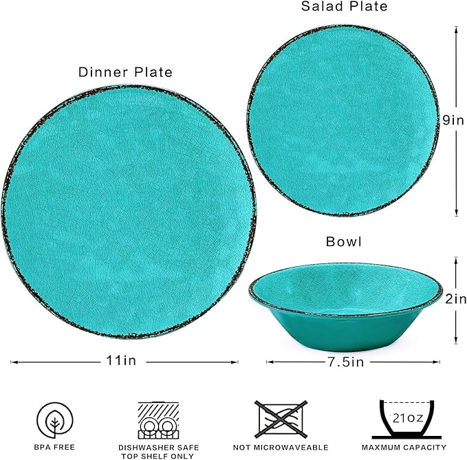 LEHAHA Rustic Melamine Dinnerware Sets 12-piece Dishes Plastic Dinnerware Set for 4 Break-resistant Plates and Bowls Set Outdoor Casual &amp Party Use Kitchen Dishes Set Teal…