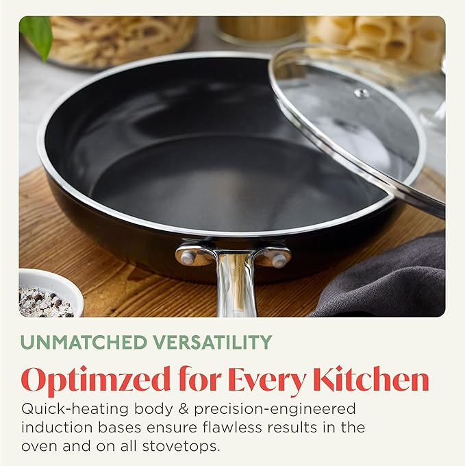 Orfeo 3QT Nonstick Saute Pan with Lid Made in Italy Diamond Ceramic PFAS-Free Cookware Induction Ready Scratch Resistant Laser-Fused Surface for Durability Dishwasher Safe Black