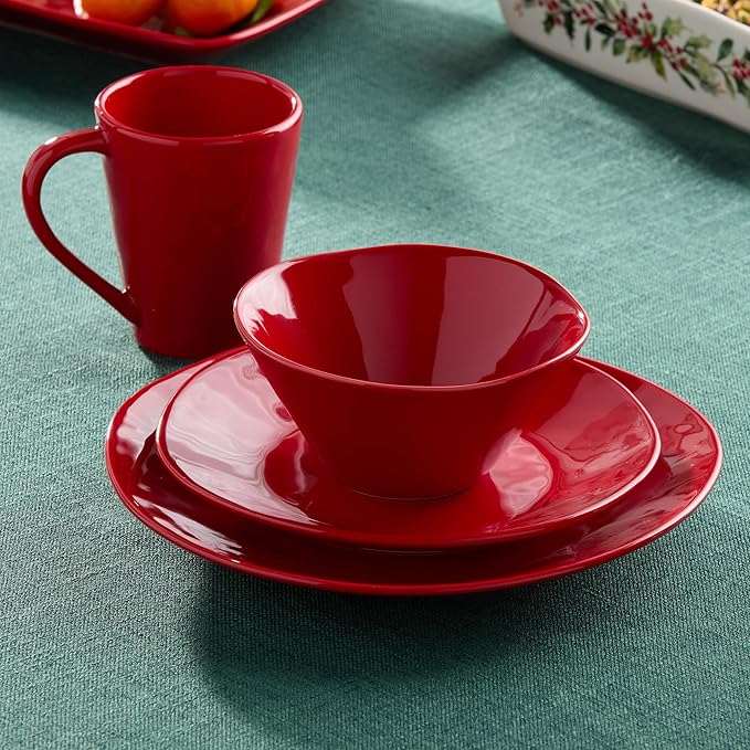 Berry Red Christmas 16pc Dinnerware Set Stoneware Holiday Tableware Service for 4 with Plates Mugs &amp Bowls Mix and Match with Holly and Vines for a Festive Christmas Table