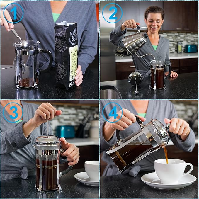 French Press Coffee Maker - 34 Ounce 8 Cups Clip Spoon and 2 Bonus Filter Included By Divlor