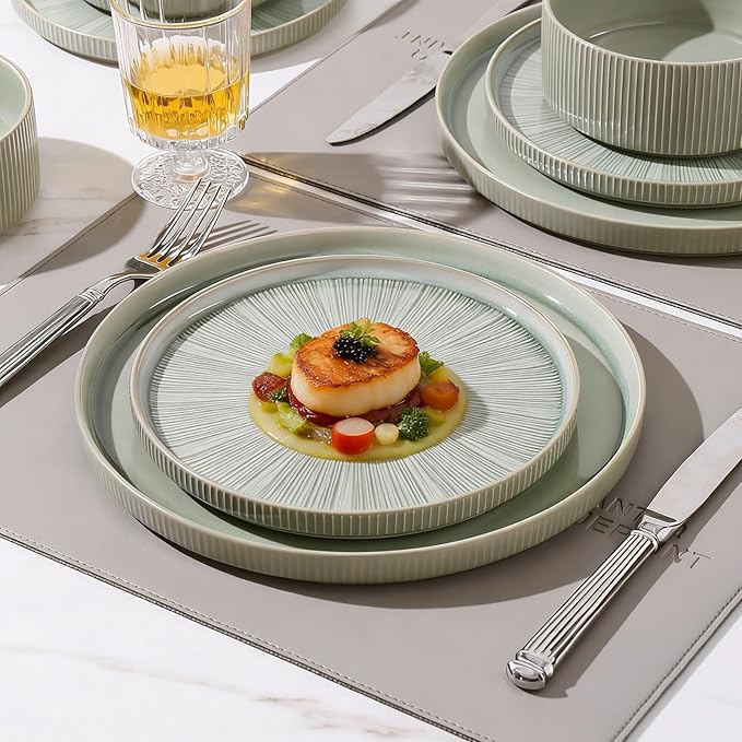 Dinnerware Sets for 4 Ceramic Plates and Bowls Set 12 Piece Dinnerware Chip Resistant Stoneware Dishwasher and Microwave Safe-Green
